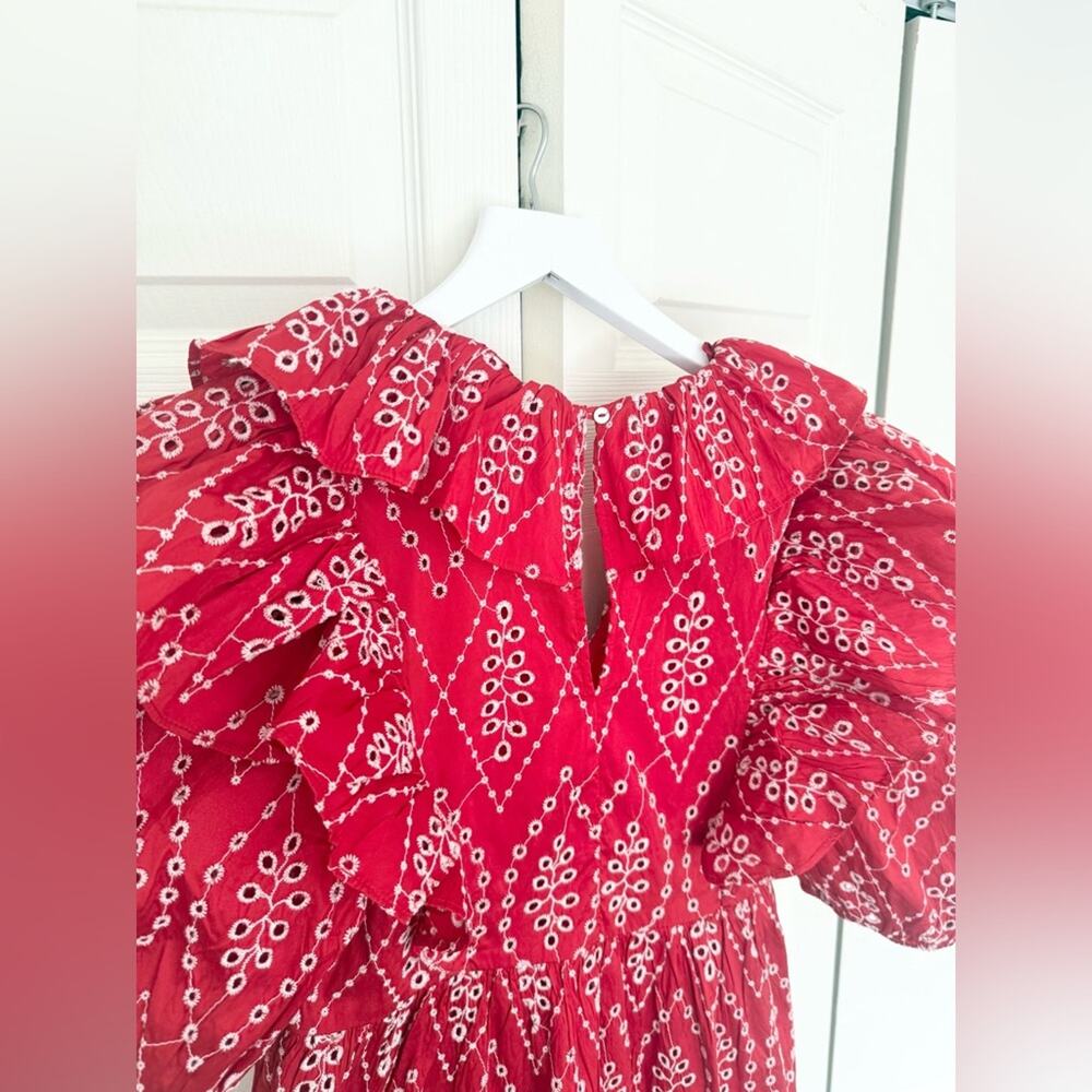ZARA Red & White Eyelet Ruffle Puff Sleeve Short Sleeve Midi Dress Size XS - Picture 8 of 8